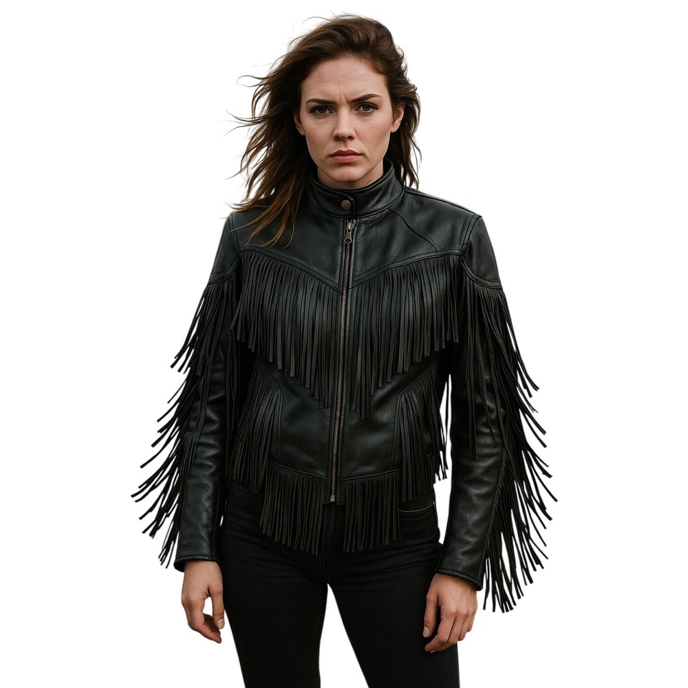 Black Leather Fringe Motorcycle Biker Vintage Jacket with Silver‎ Hardware